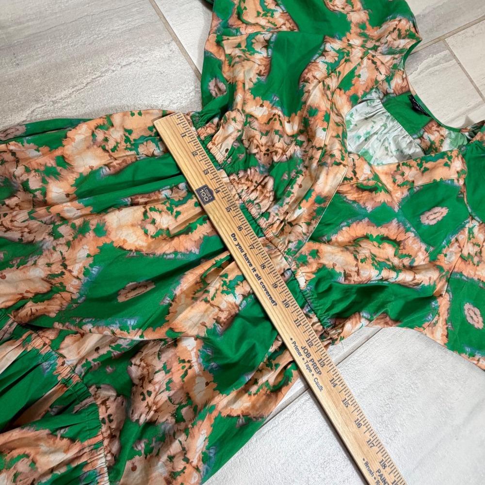 Karen Millen Green Tie Dye Ikat Cotton Maxi Dress Puff Sleeve Wrap Belted US 10 - Picture 4 of 7
